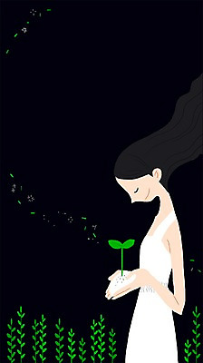 PSD 여자 백그라운드 일러스트 검은배경 한명 사람 성인 새싹 희망 꿈 국내일러스트 식물 1 감정 검은색 파일형식