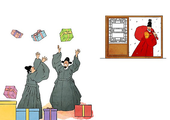 PSD 한국전통 남자 크리스마스 겨울 일러스트 창문 크리스마스선물 선물 사람 성인 세명 눈 왕 즐거움 보따리 과거 신하 국내일러스트 자연요소 전통 계절 기념일 감정 컨셉 날씨 한국 파일형식