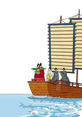 PSD 한국전통 여자 남자 바다 일러스트 사람 여러명 성인 왕 과거 여왕 궁녀 선상 신하 선박 국내일러스트 전통 다수 컨셉 수상교통 한국 파일형식