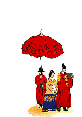 전신 PSD 한국전통 여자 남자 일러스트 서기 사람 성인 세명 태블릿 한복 왕 외출 과거 여왕 신하 국내일러스트 전통 컨셉 모션 한국 전자제품 스마트기기 전통의상 파일형식