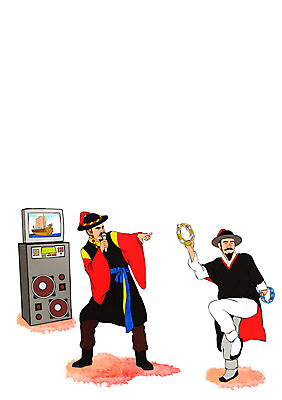 PSD 한국전통 남자 일러스트 노래 사람 성인 두명 모니터 스피커 군인 춤 마이크 과거 탬버린 장군 노래방 노래방기계 이순신 국내일러스트 직업 전통 음악 음향기기 컨셉 문화예술 타악기 한국 컴퓨터 국군 파일형식