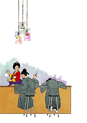 PSD 한국전통 여자 남자 일러스트 조명 주류 사람 성인 바 한복 과거 호리병 신하 국내일러스트 전통 음료 컨셉 병_용기 한국 전통의상 파일형식