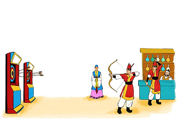 PSD 한국전통 여자 남자 일러스트 사람 여러명 성인 한복 다트판 다트 활 과거 활쏘기 화랑 다트게임 국내일러스트 전통 다수 컨셉 모션 한국 게임 신라 전통의상 파일형식