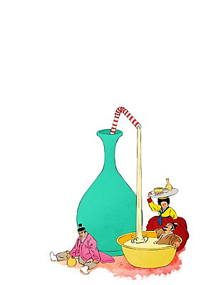 PSD 한국전통 여자 남자 일러스트 주류 빨대 사람 세명 한복 만취 과거 호리병 선비 술독 국내일러스트 전통 음료 컨셉 병_용기 한국 전통의상 술취함 파일형식