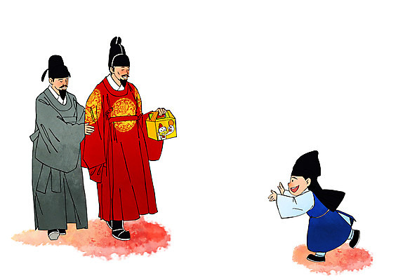 PSD 한국전통 남자 어린이 일러스트 포장 사람 성인 세명 달리기 치킨 한복 왕 만취 과거 마중 세자 신하 국내일러스트 전통 컨셉 모션 한국 전통의상 닭고기요리 술취함 파일형식