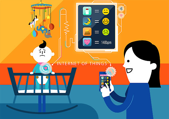 PSD 여자 인터넷 일러스트 사람 성인 두명 스마트폰 아기 기저귀 모빌 요람 사물인터넷 4차산업 국내일러스트 산업 정보기술 핸드폰 스마트기기 아기용품 파일형식