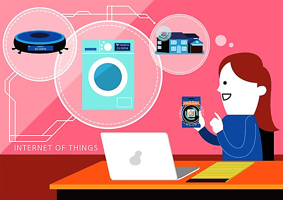 PSD 여자 종이 인터넷 일러스트 주택 한명 사람 성인 노트북 스마트폰 세탁기 드럼세탁기 청소로봇 컨트롤 사물인터넷 4차산업 국내일러스트 1 산업 정보기술 건물 전자제품 핸드폰 스마트기기 가전제품 로봇 파일형식