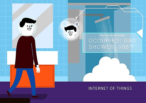 PSD 남자 얼굴 일러스트 실내 한명 사람 성인 거울 욕실 타일 샤워기 블루투스 샤워실 사물인터넷 4차산업 국내일러스트 1 산업 정보기술 내부 신체부위 샤워시설 파일형식