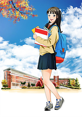 주간 전신 PSD 구름 학생 여자 교복 일러스트 학교 청소년 하늘 한명 사람 야외 책 만화 백팩 돌아서기 국내일러스트 자연요소 1 옷 교육 가방 모션 파일형식
