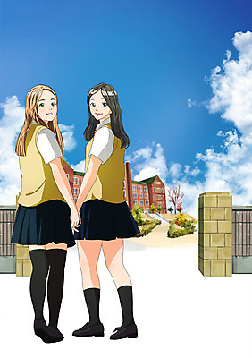 주간 PSD 구름 학생 여자 교복 일러스트 학교 청소년 하늘 사람 야외 두명 친구 만화 등교 교문 국내일러스트 자연요소 옷 교육 관계 등하교 파일형식