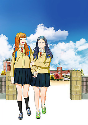 주간 전신 PSD 구름 학생 여자 교복 일러스트 학교 청소년 하늘 사람 야외 두명 친구 만화 하교 교문 국내일러스트 자연요소 옷 교육 관계 등하교 파일형식