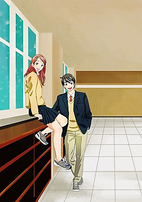 PSD 학생 여자 남자 교복 일러스트 창문 학교 청소년 실내 사람 두명 복도 만화 걸터앉기 쉬는시간 신발장 국내일러스트 옷 교육 휴식 앉기 내부 파일형식