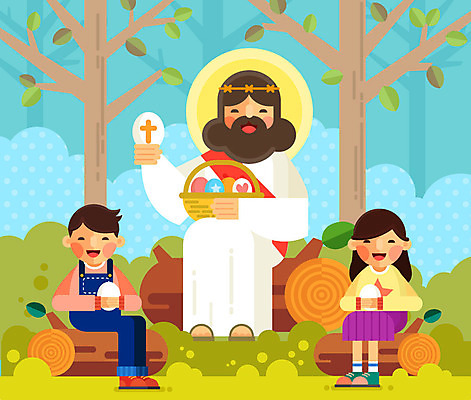 나무 여자 남자 기독교 어린이 십자가 일러스트 사람 세명 바구니 예수 기독교인 부활절계란 나무토막 국내일러스트 AI파일 식물 종교 부활절 계란 신_종교 파일형식 벡터