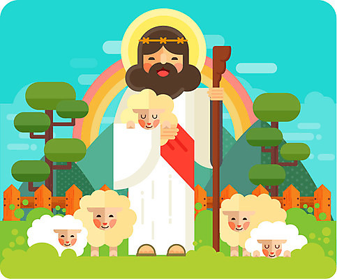 나무 남자 기독교 무지개 여러마리 일러스트 지팡이 산 한명 사람 성인 울타리 양 예수 국내일러스트 AI파일 자연요소 식물 1 종교 다수 포유류 담장 신_종교 파일형식 벡터