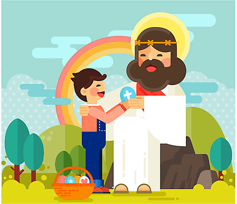 나무 남자 기독교 어린이 무지개 일러스트 산 사람 성인 두명 바구니 바위 기독교인 부활절계란 국내일러스트 AI파일 자연요소 식물 종교 부활절 계란 돌_바위 파일형식 벡터