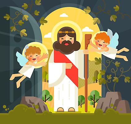 남자 기독교 어린이 줄기 날개 일러스트 지팡이 천사 사람 성인 세명 돌_바위 예수 국내일러스트 AI파일 식물 종교 신_종교 파일형식 벡터