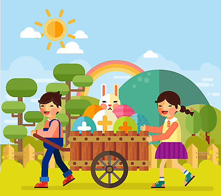 나무 한마리 여자 남자 기독교 어린이 무지개 일러스트 산 사람 두명 울타리 태양 수레 토끼 기독교인 부활절계란 국내일러스트 AI파일 자연요소 식물 1 종교 포유류 부활절 담장 반려동물 계란 카트 파일형식 벡터