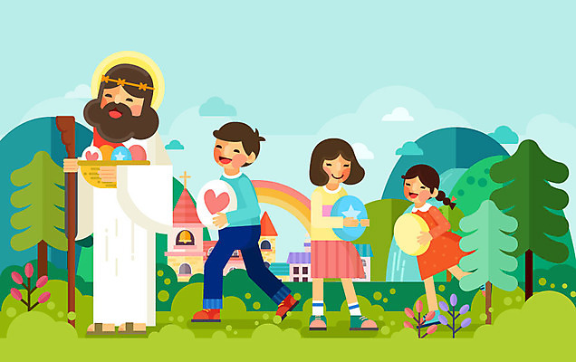 주간 나무 구름 여자 남자 기독교 어린이 무지개 일러스트 지팡이 산 사람 여러명 성인 야외 교회 바구니 예수 기독교인 부활절계란 국내일러스트 AI파일 자연요소 식물 종교 다수 부활절 계란 신_종교 파일형식 벡터