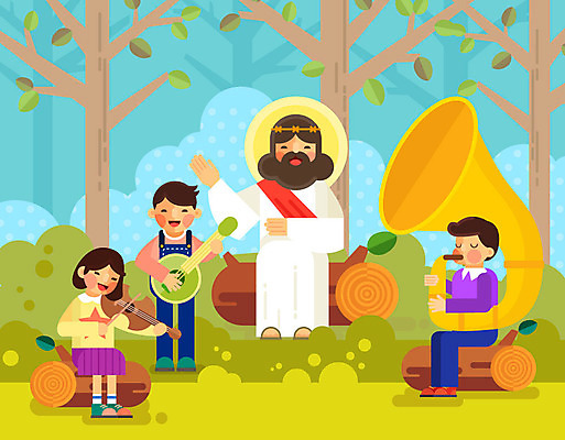 나무 여자 남자 기독교 어린이 악기 연주 일러스트 사람 기타 예수 기독교인 숲속 바이올린 튜바 국내일러스트 AI파일 식물 종교 음악 현악기 관악기 신_종교 숲 파일형식 벡터