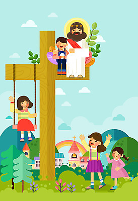 주간 나무 구름 여자 남자 기독교 어린이 십자가 일러스트 산 사람 여러명 야외 교회 예수 기독교인 그네 부활절계란 국내일러스트 AI파일 자연요소 식물 종교 다수 부활절 계란 신_종교 파일형식 벡터