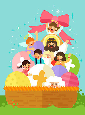 여자 남자 리본 기독교 어린이 두마리 일러스트 천사 사람 여러명 성인 바구니 양 예수 기독교인 부활절계란 국내일러스트 AI파일 종교 다수 2 포유류 부활절 계란 신_종교 파일형식 벡터