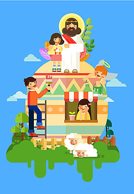 나무 구름 여자 남자 기독교 어린이 두마리 일러스트 창문 천사 사람 여러명 성인 페인트 양 페인트칠 예수 기독교인 부활절계란 페인트붓 국내일러스트 AI파일 자연요소 식물 종교 다수 2 포유류 페인팅 부활절 계란 붓 신_종교 파일형식 벡터