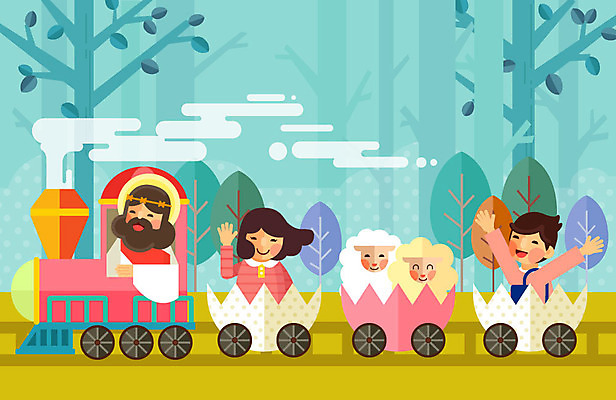 나무 여자 남자 기독교 어린이 두마리 일러스트 사람 성인 세명 양 예수 기독교인 숲속 부활절계란 기차모형 국내일러스트 AI파일 식물 종교 2 포유류 부활절 모형 계란 신_종교 숲 파일형식 벡터