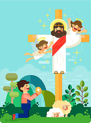 나무 남자 기독교 어린이 십자가 두마리 일러스트 사람 여러명 성인 폭포 양 예수 기독교인 부활절계란 국내일러스트 AI파일 식물 종교 다수 2 포유류 자연 부활절 계란 신_종교 파일형식 벡터