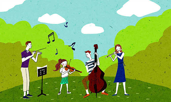 주간 PSD 구름 여자 남자 어린이 악기 연주 음표 일러스트 가족 엄마 사람 여러명 성인 야외 아빠 숲속 플루트 바이올린 첼로 지휘자 국내일러스트 자연요소 기호 음악 다수 관계 현악기 관악기 음악가 숲 파일형식 찰현악기