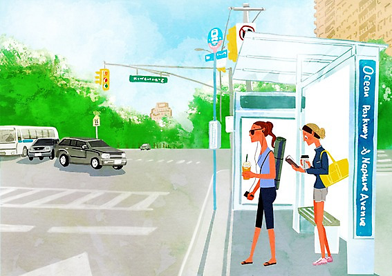 주간 전신 PSD 여자 도로 커피 가방 일러스트 자동차 버스 사람 성인 야외 두명 매트 버스정류장 신호등 종이컵 버스안내판 돌아서기 국내일러스트 자연요소 잡화 길 음료 육상교통 교통시설 모션 대중교통 컵 표지판 역 일회용 파일형식