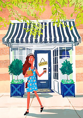 주간 전신 PSD 여자 커피 일러스트 벽돌 한명 사람 성인 야외 문 상점 풀잎 종이컵 안식처 돌아서기 국내일러스트 자연요소 식물 1 음료 잎 모션 휴식 컵 풀 일회용 파일형식