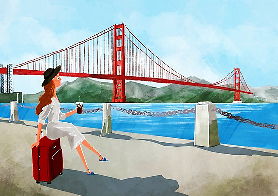 주간 PSD 여자 커피 여행 일러스트 산 한명 사람 앉기 성인 야외 강 캐리어 강가 금문교 안식처 국내일러스트 자연요소 1 음료 모션 휴식 여행가방 미국 다리_건축물 파일형식