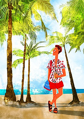 주간 전신 PSD 남자 커피 바다 가방 일러스트 한명 사람 성인 야외 야자수 종이컵 휴양지 돌아서기 국내일러스트 자연요소 나무 1 잡화 음료 모션 컵 장소 일회용 파일형식