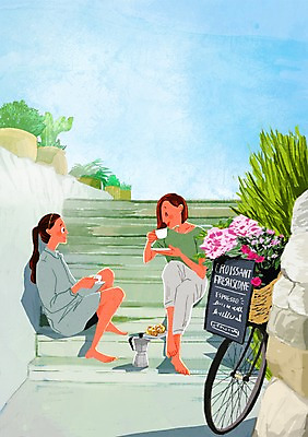 주간 PSD 여자 꽃 화분 커피 일러스트 사람 앉기 성인 야외 두명 계단 자전거 커피잔 모카포트 국내일러스트 자연요소 식물 음료 모션 주전자 잔 바이크 파일형식