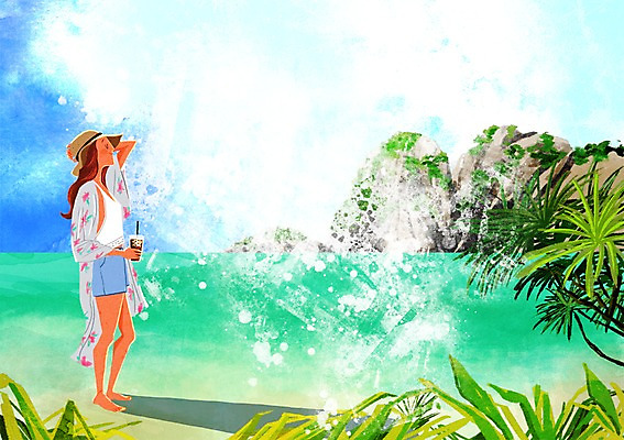 주간 전신 PSD 구름 여자 커피 바다 일러스트 하늘 한명 사람 성인 해변 야외 바위 풀잎 종이컵 모자가게 돌아서기 국내일러스트 자연요소 식물 1 음료 잎 모션 컵 상점 풀 일회용 파일형식