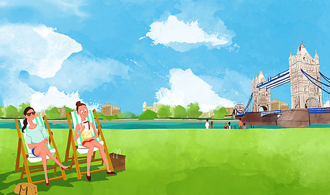 PSD 여자 남자 여행 가방 일러스트 하늘 휴가 사람 앉기 여러명 성인 관광지 선탠 런던 런던브릿지 야외의자 국내일러스트 잡화 다수 의자 모션 영국 다리_건축물 파일형식