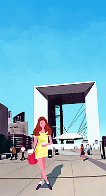 PSD 여자 남자 여행 일러스트 휴가 사람 여러명 성인 건물 관광지 광장 파리_프랑스 라데팡스 국내일러스트 건축물 다수 프랑스 파일형식