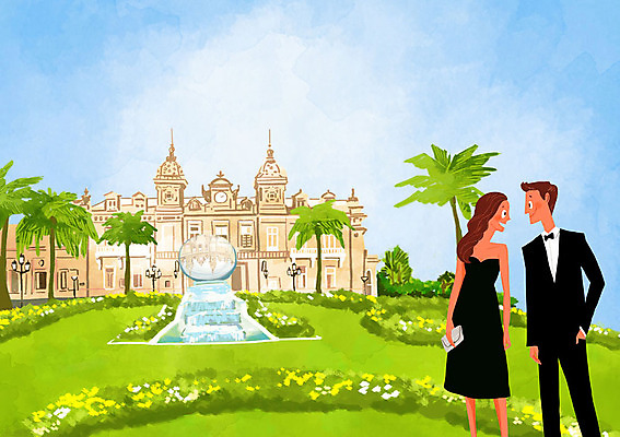 PSD 나무 커플 드레스 여자 남자 여행 일러스트 휴가 사람 정장 턱시도 성인 두명 건물 정원 카지노 분수 몬테카를로 국내일러스트 식물 건축물 옷 관계 도박 모나코 파일형식