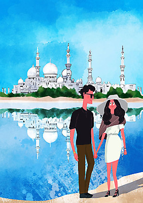 PSD 모자 커플 여자 남자 호수 여행 일러스트 휴가 사람 성인 두명 건물 관광지 손잡기 아부다비 국내일러스트 건축물 잡화 관계 모션 아랍에미리트 파일형식