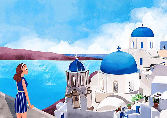 PSD 여자 바다 여행 일러스트 휴가 휴식 한명 사람 성인 건물 관광지 산토리니 산토리니섬 안식처 국내일러스트 1 건축물 섬 컨셉 그리스 파일형식