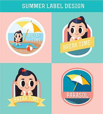 계절 여자 일러스트 휴식 아웃도어 사람 해변 세명 여름 수건 라벨 파라솔 비치볼 돗자리 여자만 국내일러스트 AI파일 바다 컨셉 공 프레임 바캉스용품 위생용품 파일형식 벡터