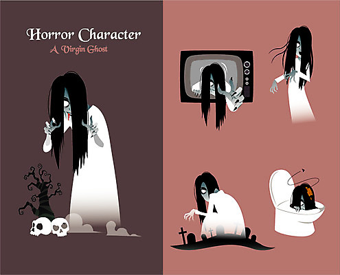 캐릭터 일러스트 해골 사람없음 텔레비전 무덤 유령 처녀귀신 무서움 공포 변기 호러 호러캐릭터 일러캐릭터 AI파일 감정 뼈 전자제품 파일형식 벡터