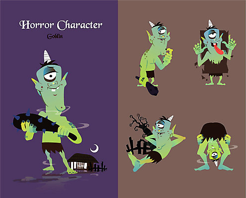 캐릭터 일러스트 초가집 사람없음 방망이 유령 무서움 도깨비 공포 호러 호러캐릭터 일러캐릭터 AI파일 감정 한옥 파일형식 벡터