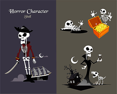 캐릭터 일러스트 해골 주택 사람없음 황금 칼 무서움 보석 공포 해적 해적선 다이아몬드반지 보물선 호러 호러캐릭터 일러캐릭터 AI파일 감정 배_교통 뼈 건물 반지 광석 도둑 파일형식 벡터