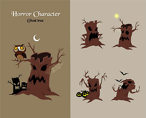 나무 동물 캐릭터 동물캐릭터 일러스트 호박 사람없음 할로윈 유령 무서움 거미줄 공포 부엉이 박쥐 호러 나무귀신 호러캐릭터 일러캐릭터 AI파일 식물 감정 채소 포유류 조류 파일형식 벡터