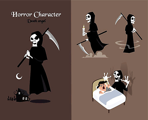 캐릭터 여자 어린이 일러스트 촛불 해골 한명 사람 침대 무서움 공포 낫 저승사자 호러 여자만 여자한명만 어린이만 소녀만 소녀한명만 호러캐릭터 일러캐릭터 AI파일 1 감정 가구 초 뼈 파일형식 벡터