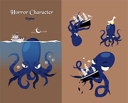 동물 캐릭터 동물캐릭터 일러스트 오리 사람없음 무서움 공포 문어 몬스터 호러 선박 크라켄 호러캐릭터 일러캐릭터 AI파일 감정 수상교통 조류 연체동물 수중동물 파일형식 벡터