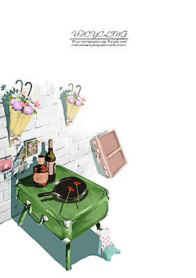 PSD 꽃 일러스트 우산 식탁 탁자 사람없음 와인 캐리어 여행가방 재활용 프라이팬 와인병 오브젝트 환경보전 기념사진 업사이클링 국내일러스트 식물 가구 가방 주방용품 병_용기 주류 사회이슈 친환경 파일형식