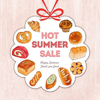 PSD 계절 리본 음식 빵 일러스트 프레임 종류 사람없음 여름 세일 컵케이크 크루아상 식빵 롤케이크 꽈배기 단팥빵 마늘빵 브레첼 국내일러스트 디저트 케이크 파일형식