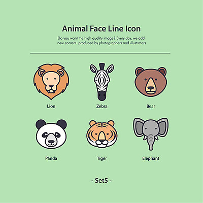 동물 얼굴 일러스트 곰 코끼리 동물원 사람없음 세트 호랑이 사자 판다 얼룩말 2D아이콘 AI파일 아이콘 포유류 신체부위 말_동물 파일형식 벡터